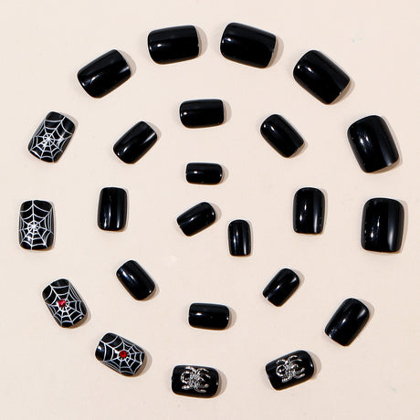 24pcs/Set Dark Gothic Spiderweb Rhinestones Press On Nails