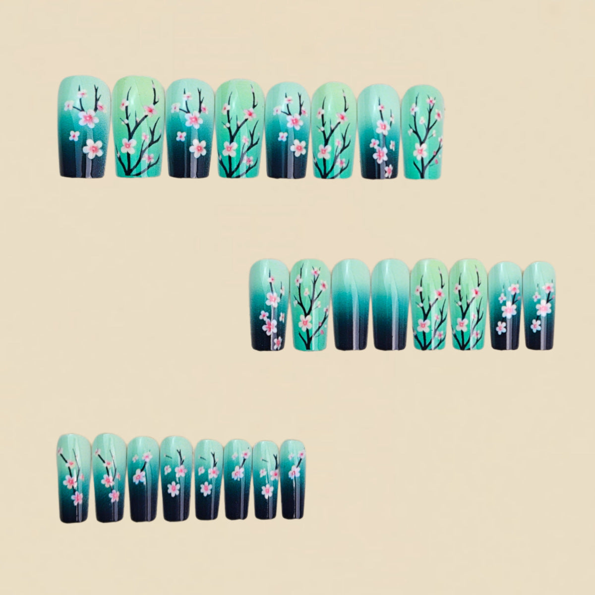 24pcs/Set Teal Green Gradient Peach Blossom Press-On Nails