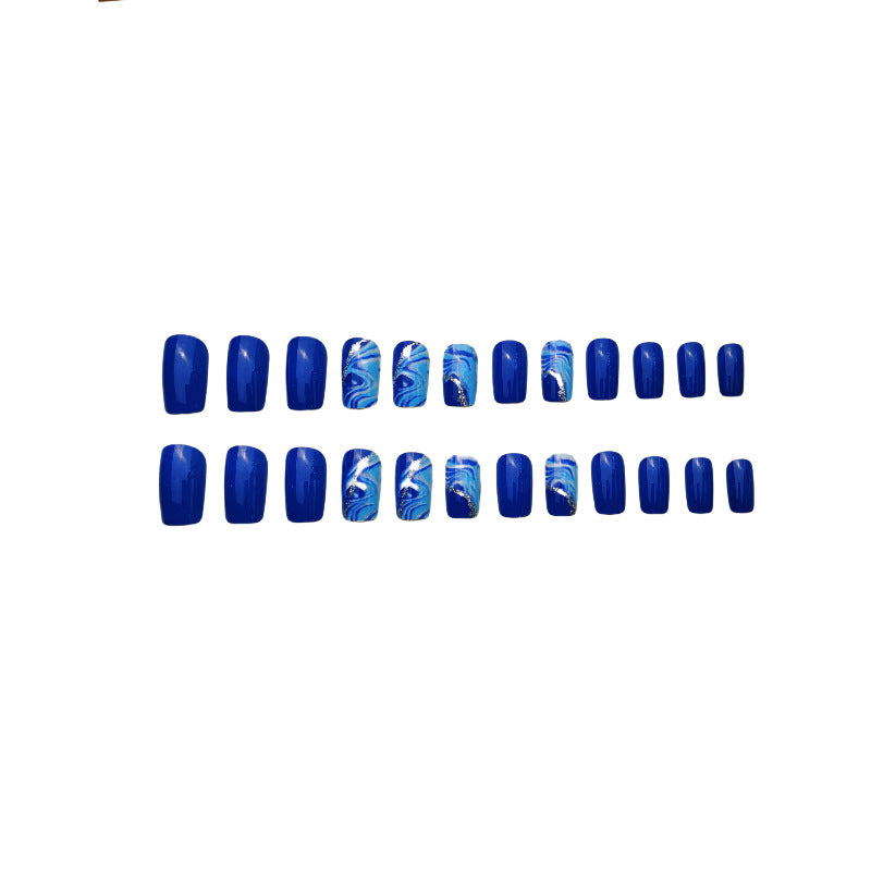 24pcs/Set Blue Ombre & Gold Stripes Press On Nails