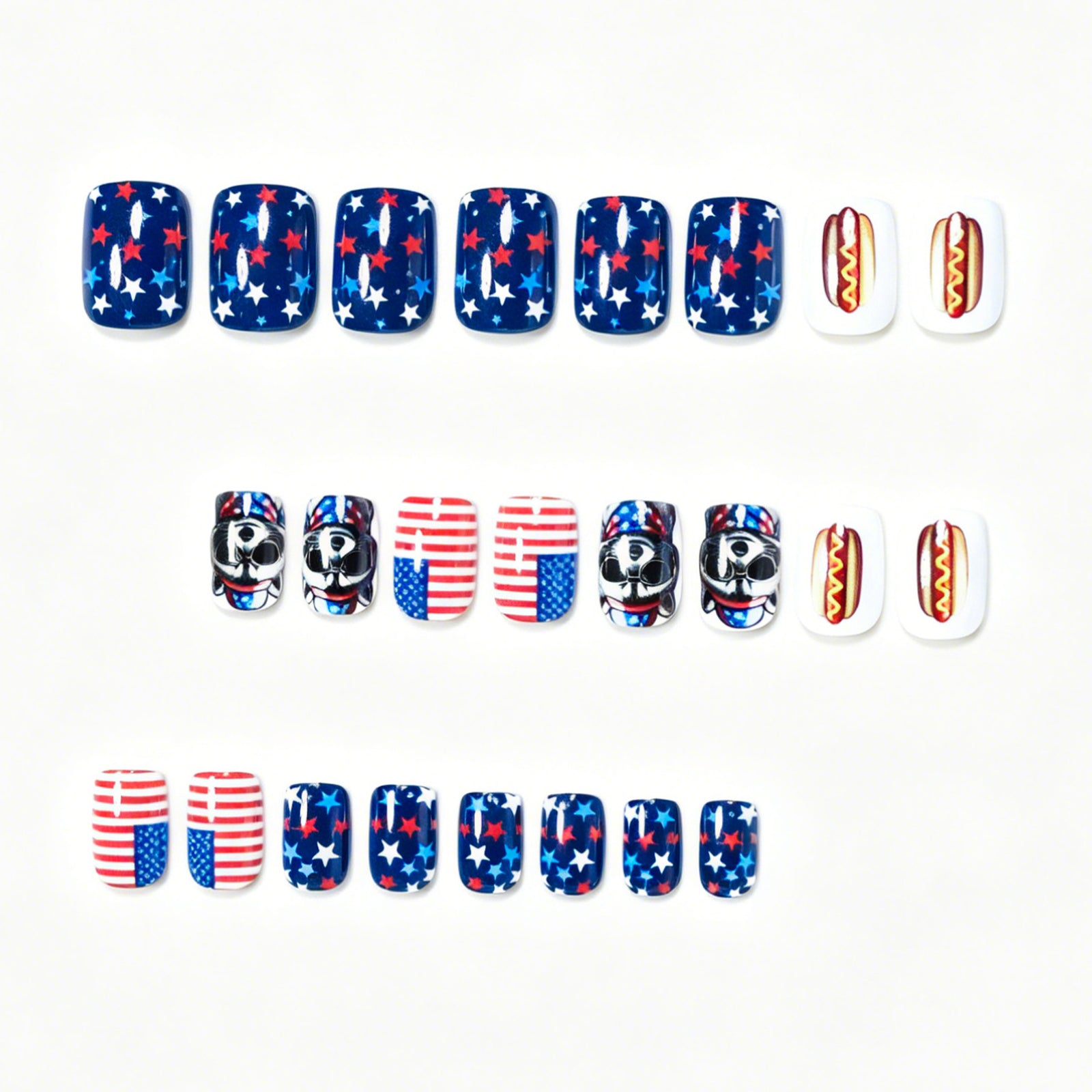 24pcs/Set Raccoon, Hot Dog, Blue & Red Stars Press-On Nails
