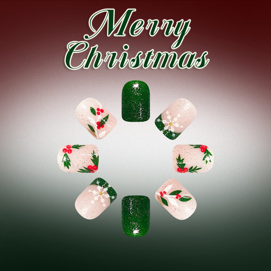 24pcs/Set White Snowflakes & Glitter Green French Press On Nails