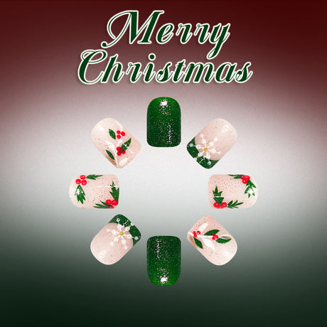 24pcs/Set White Snowflakes & Glitter Green French Press On Nails