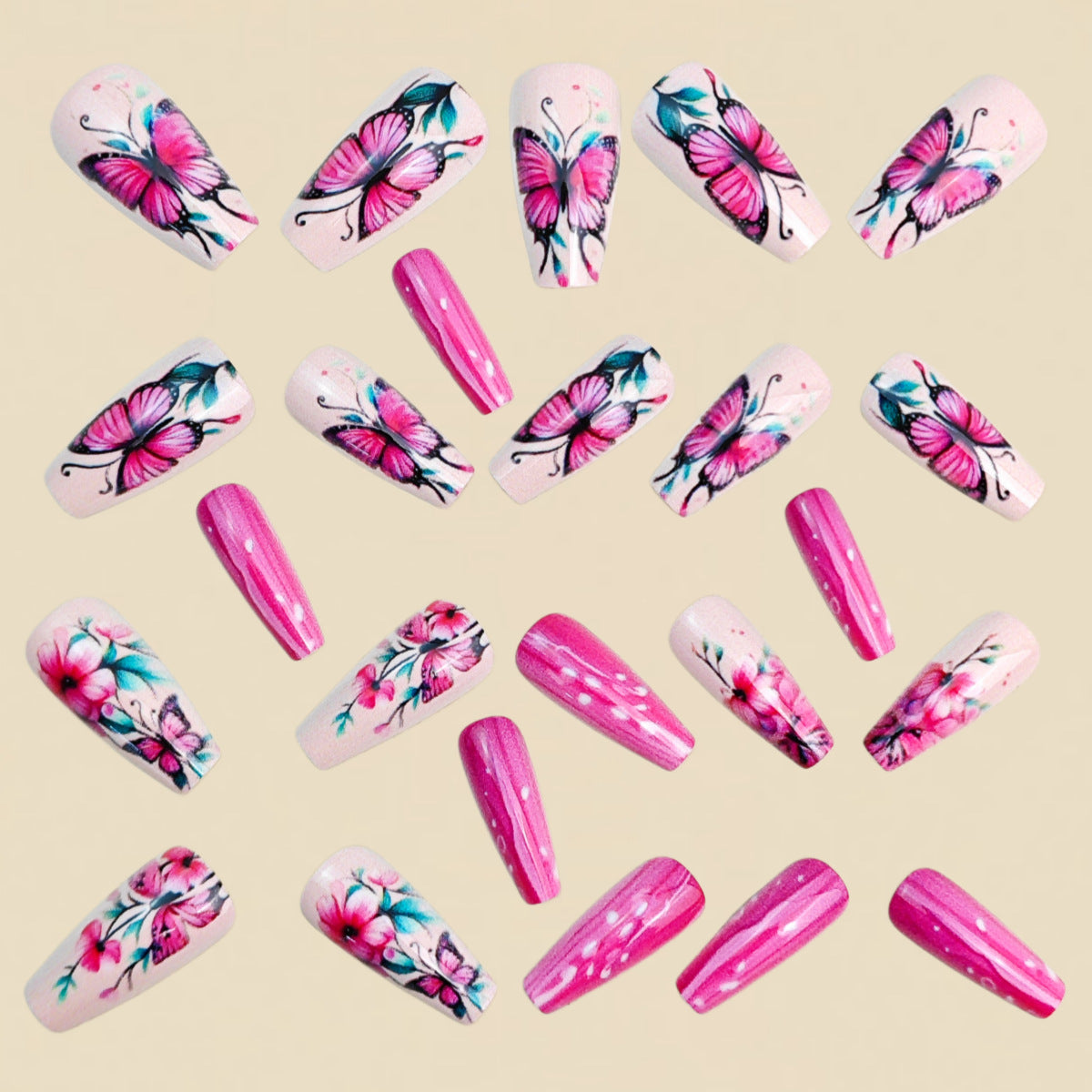 24pcs/Set Pink Butterfly Floral Press-On Nails