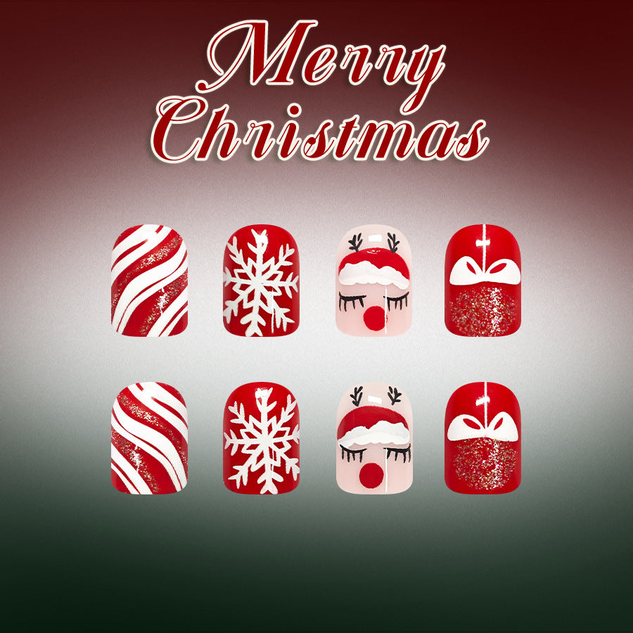 24pcs/Set Sleeping Santa & White Snowflakes Press-On Nails