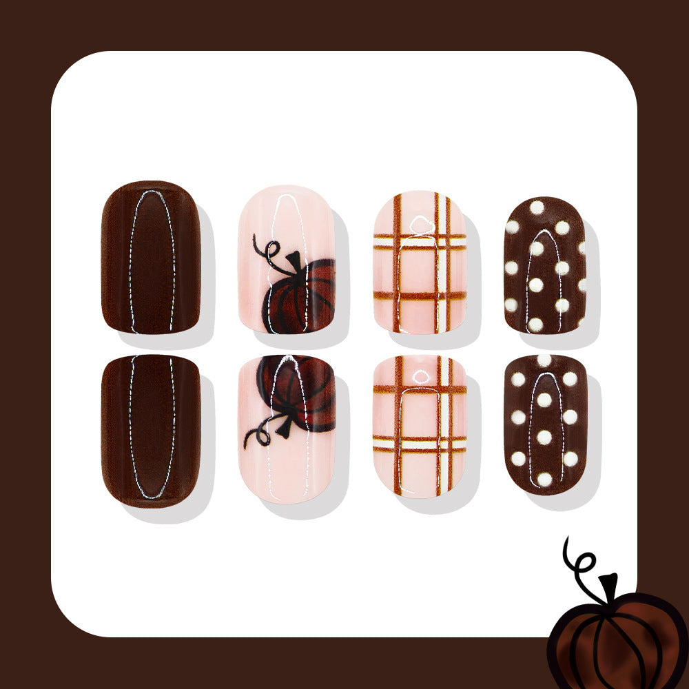 24pcs/Set Leopard Pumpkin Plaid & Polka Dots Press On Nails