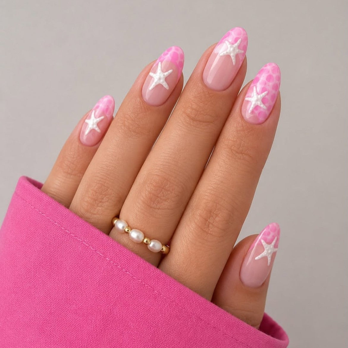 24pcs/Set Pink Starfish French Press On Nails