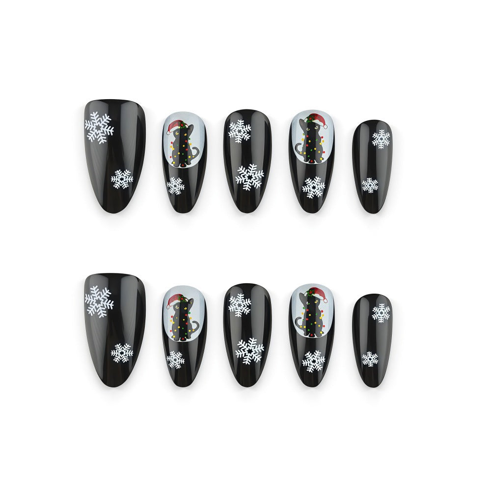 30pcs/Set Black Cat & Snowflakes Press On Nails