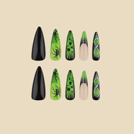 24pcs/Set Black & Neon Green Ombre Spider Web Press On Nails
