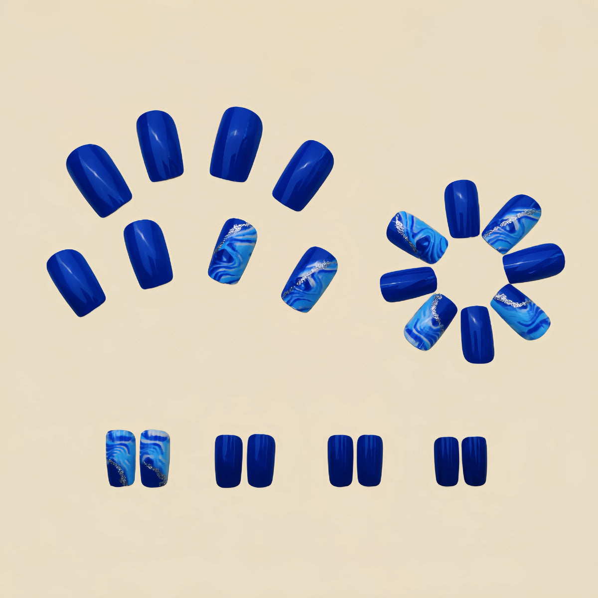 24pcs/Set Blue Ombre & Gold Stripes Press On Nails