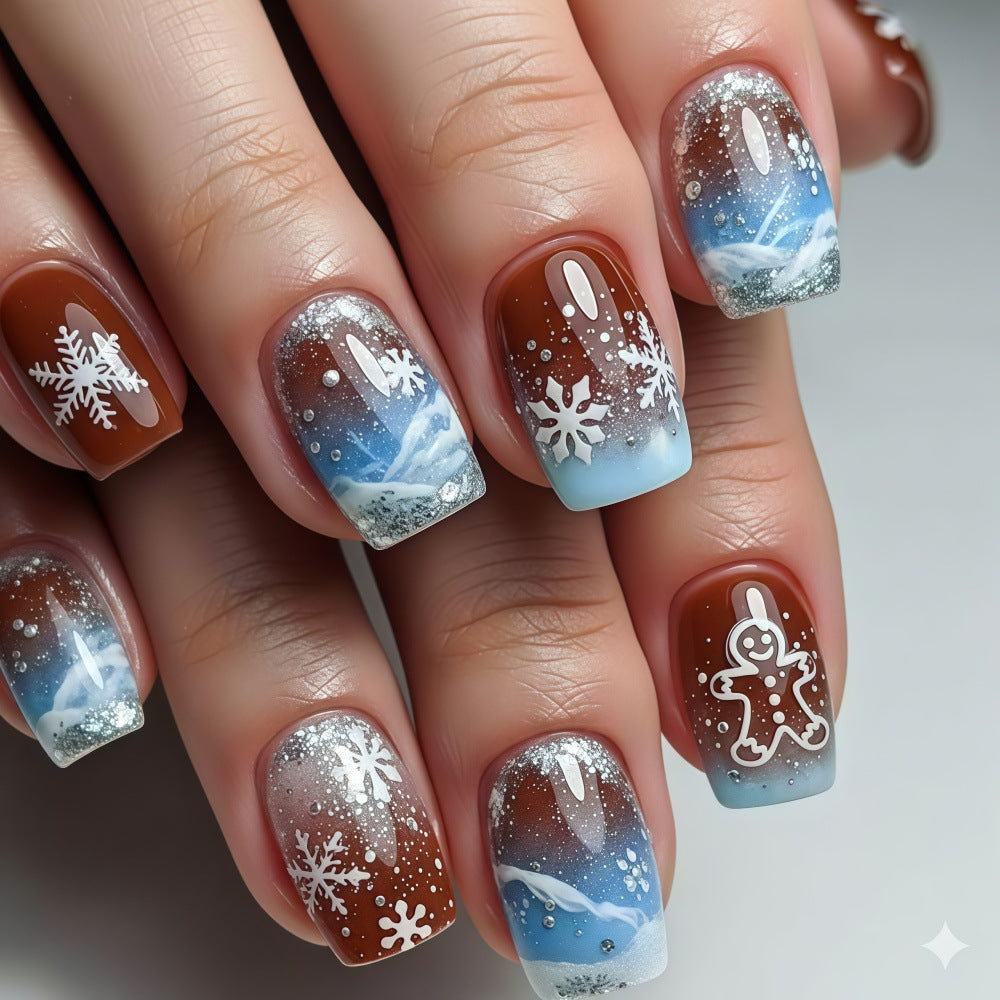 24pcs/Set Blue Gradient Snowflakes Press On Nails