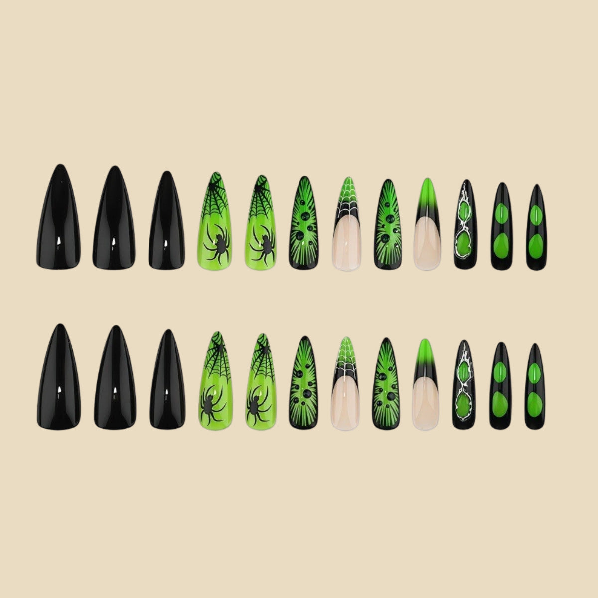 24pcs/Set Black & Neon Green Ombre Spider Web Press On Nails