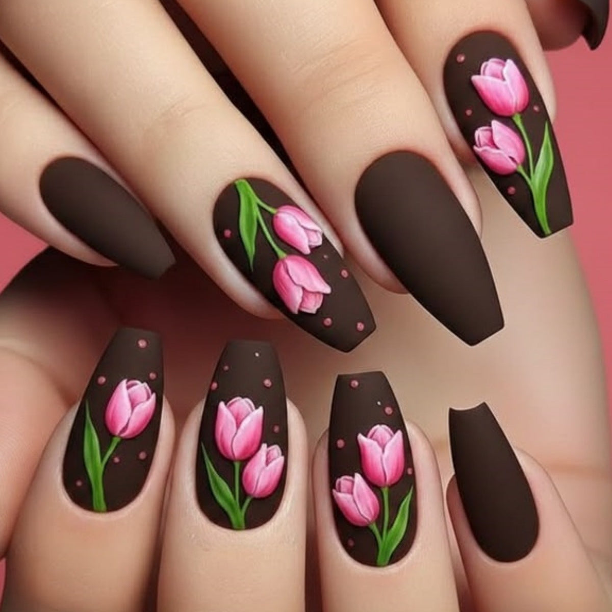 24pcs/Set Matte Brown & Pink Tulips Press On Nails