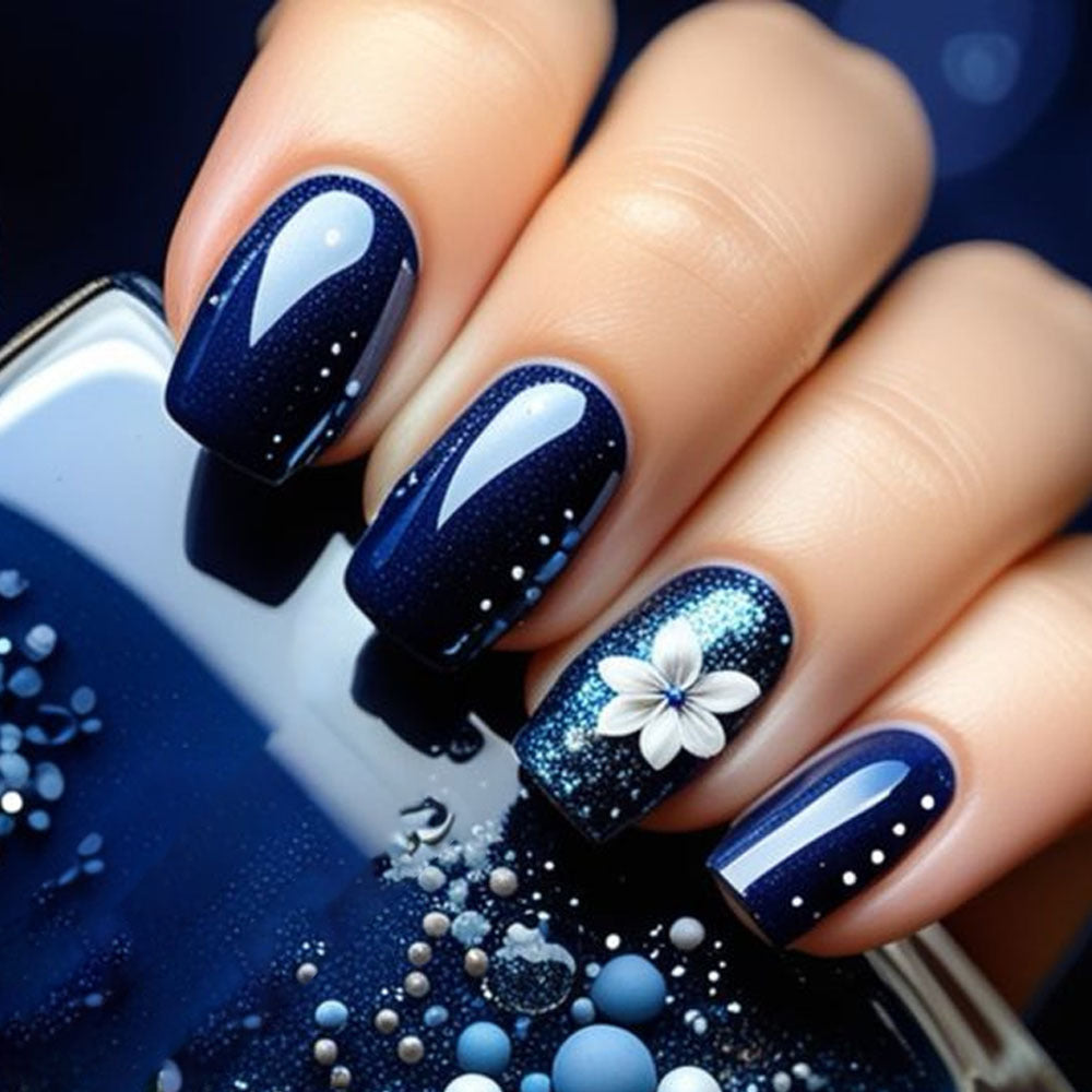 24pcs/Set Deep Blue Floral Press-On Nails