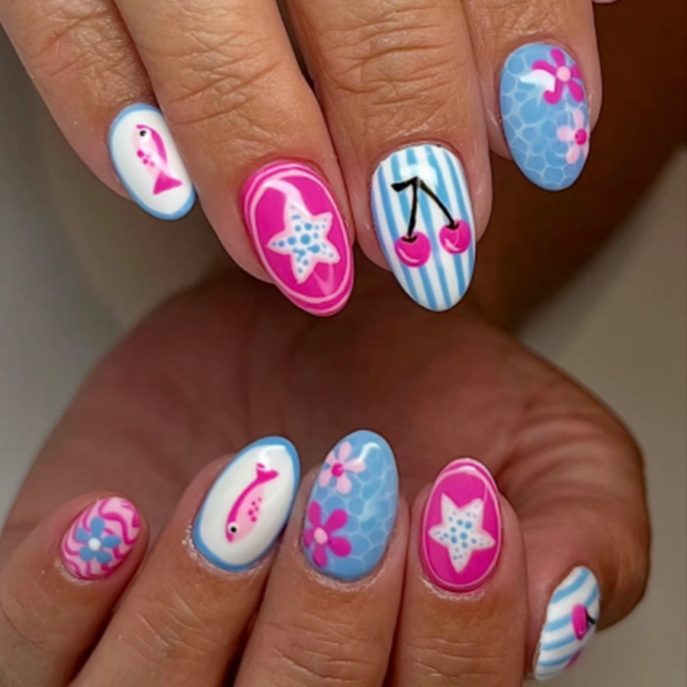 24pcs/Set Blue & White Striped Cherry Fish Press On Nails