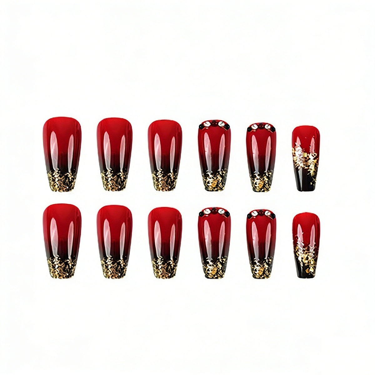 24pcs/Set Black to Red Ombre with Gold Glitter Press-On Nails