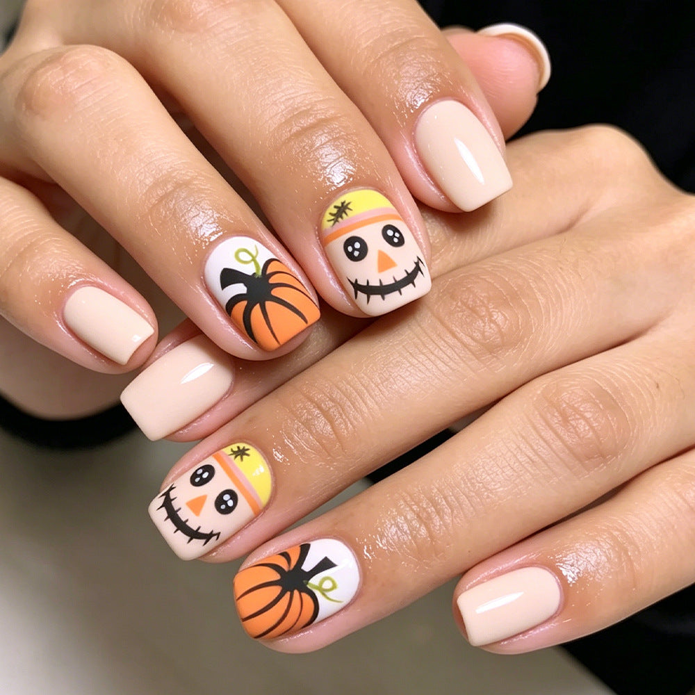 24pcs/Set Matte Pumpkin Ghost Face Press-On Nails