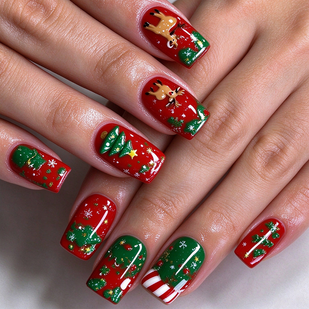24pcs/Set Reindeer & Christmas Tree Press-On Nails
