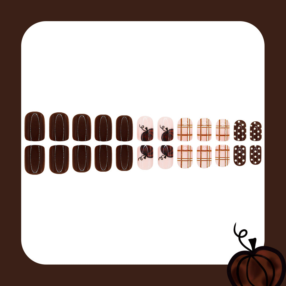 24pcs/Set Leopard Pumpkin Plaid & Polka Dots Press On Nails