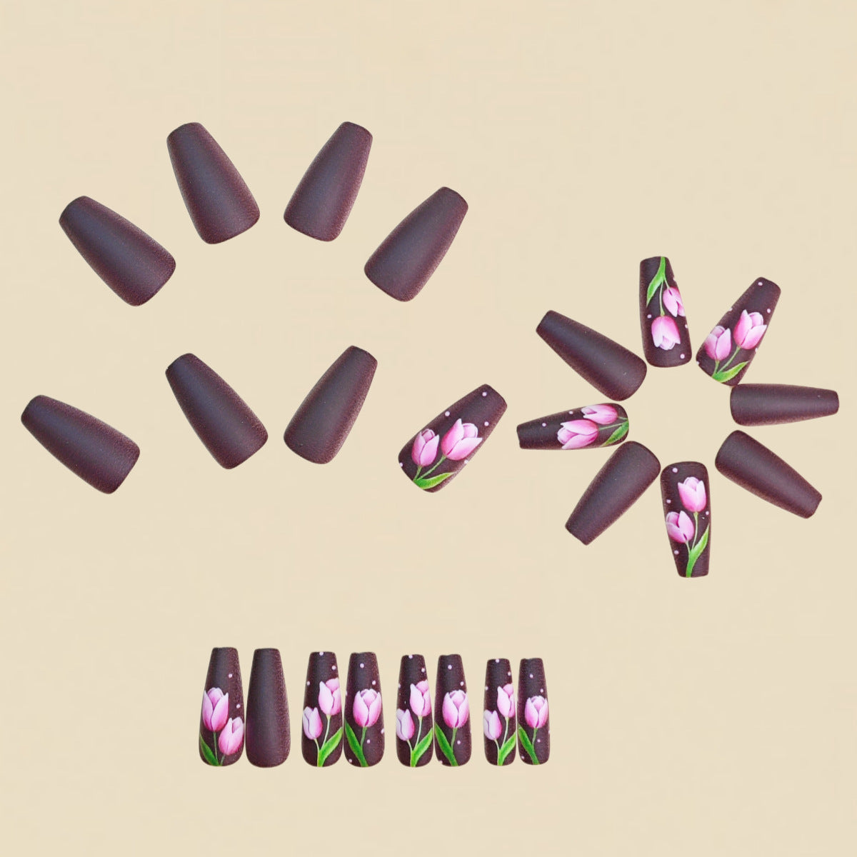 24pcs/Set Matte Brown & Pink Tulips Press On Nails
