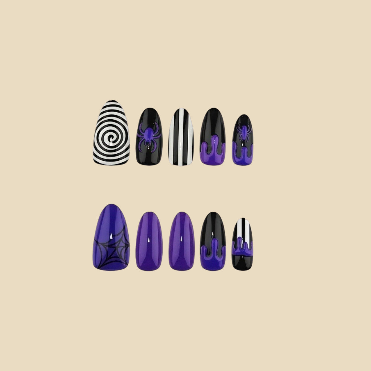 30pcs/Set Black & White Striped Spider Press On Nails