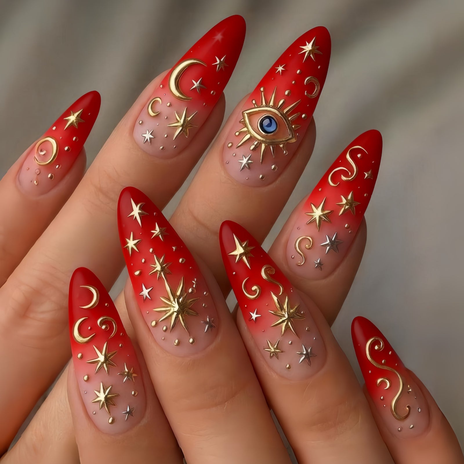 24pcs/Set Red & Gold Foil Stars & Moon Press-On Nails