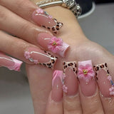 24pcs/Set Leopard French with 3D Floral Press-On Nails