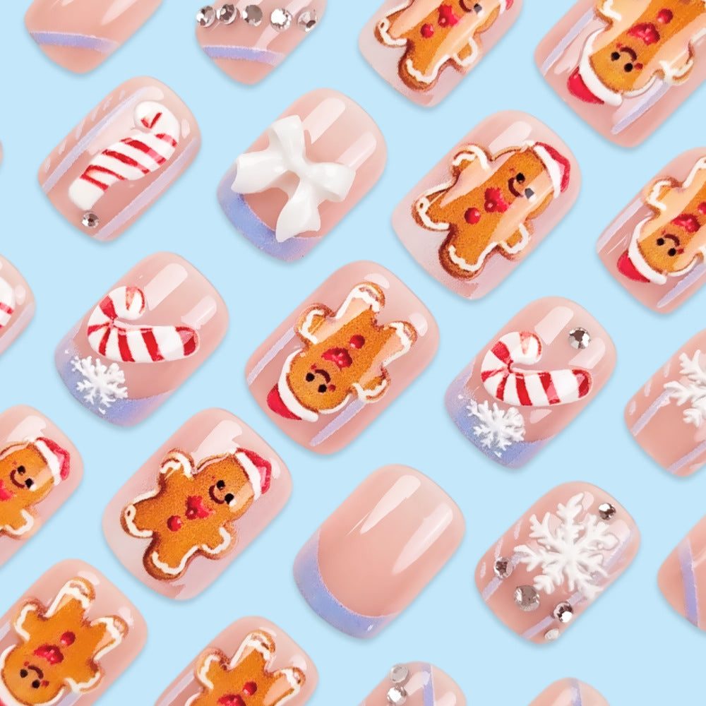 30pcs/Set 3D Gingerbread Man Snowflake Press On Nails