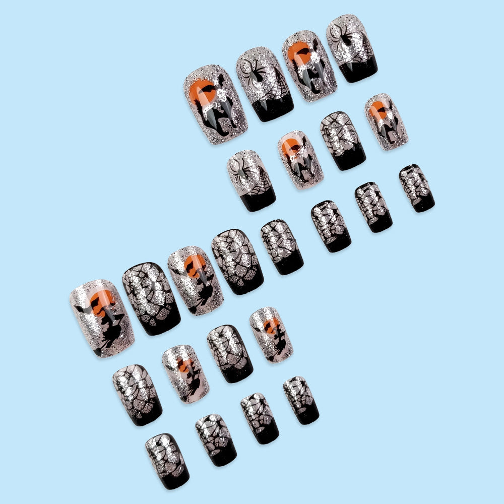 24pcs/Set Silver Glitter Black & Pink Spider Press On Nails