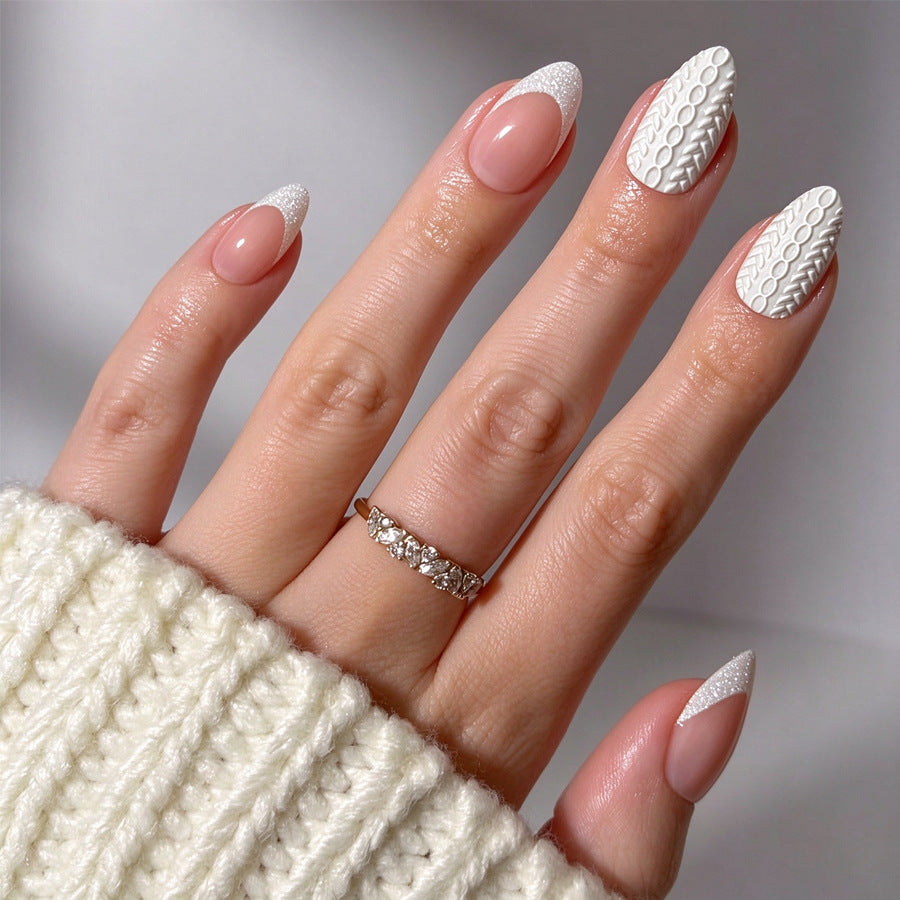 30pcs/Set White 3D Sweater Knit Press-On Nails