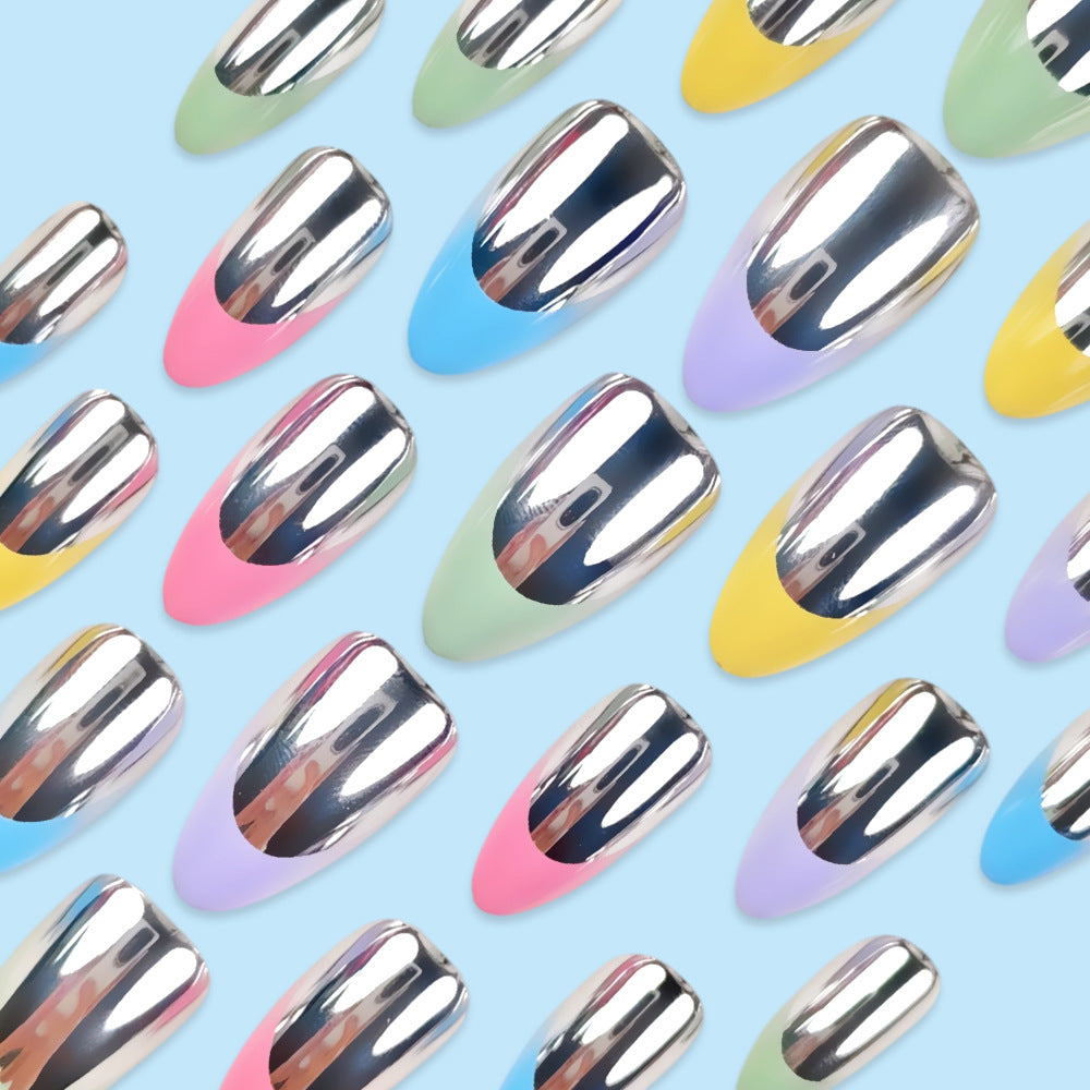 24pcs/Set Color-Block Mirror French Press On Nails