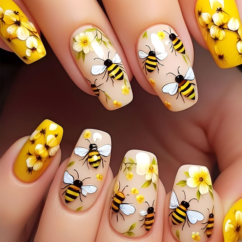 24pcs/Set Yellow Floral Bee Press On Nails
