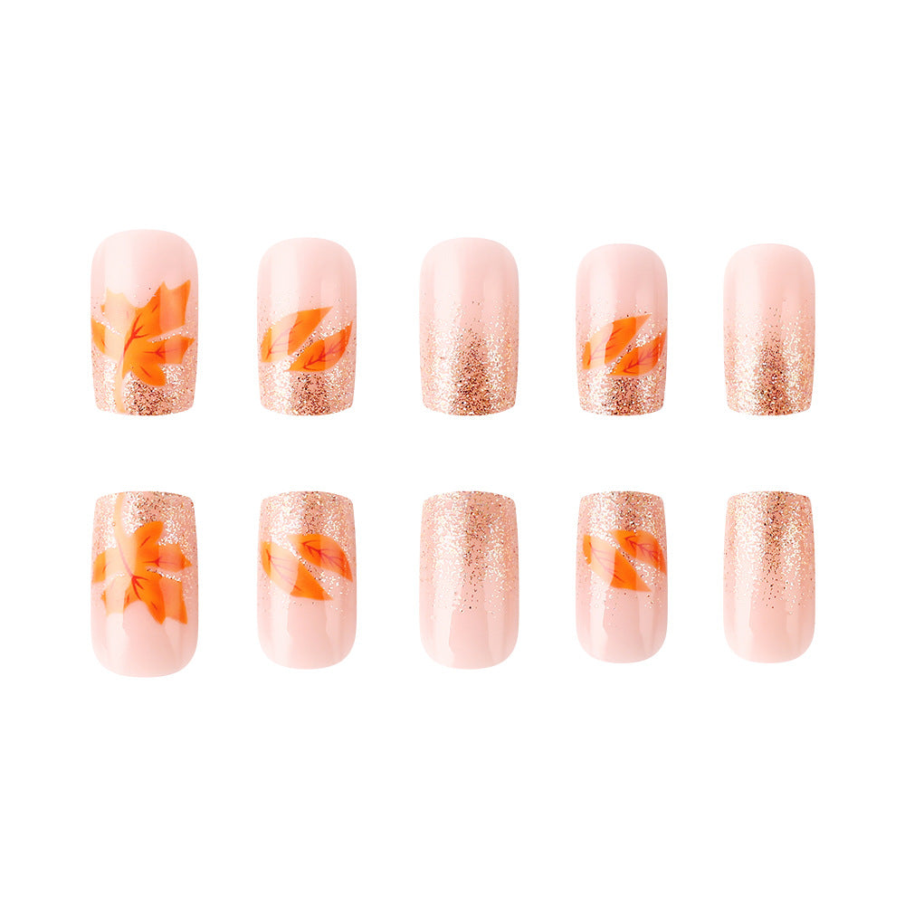 24pcs/Set Gold Glitter Maple Leaves Press-On Nails