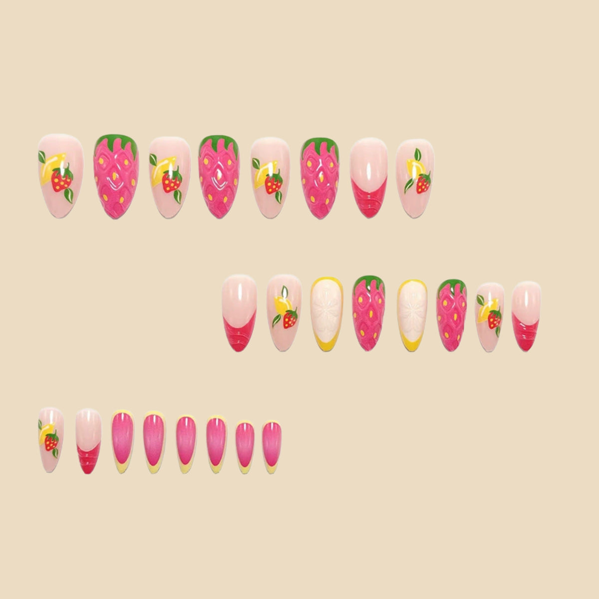 24pcs/Set 3D Strawberry & Lemon French Press-On Nails