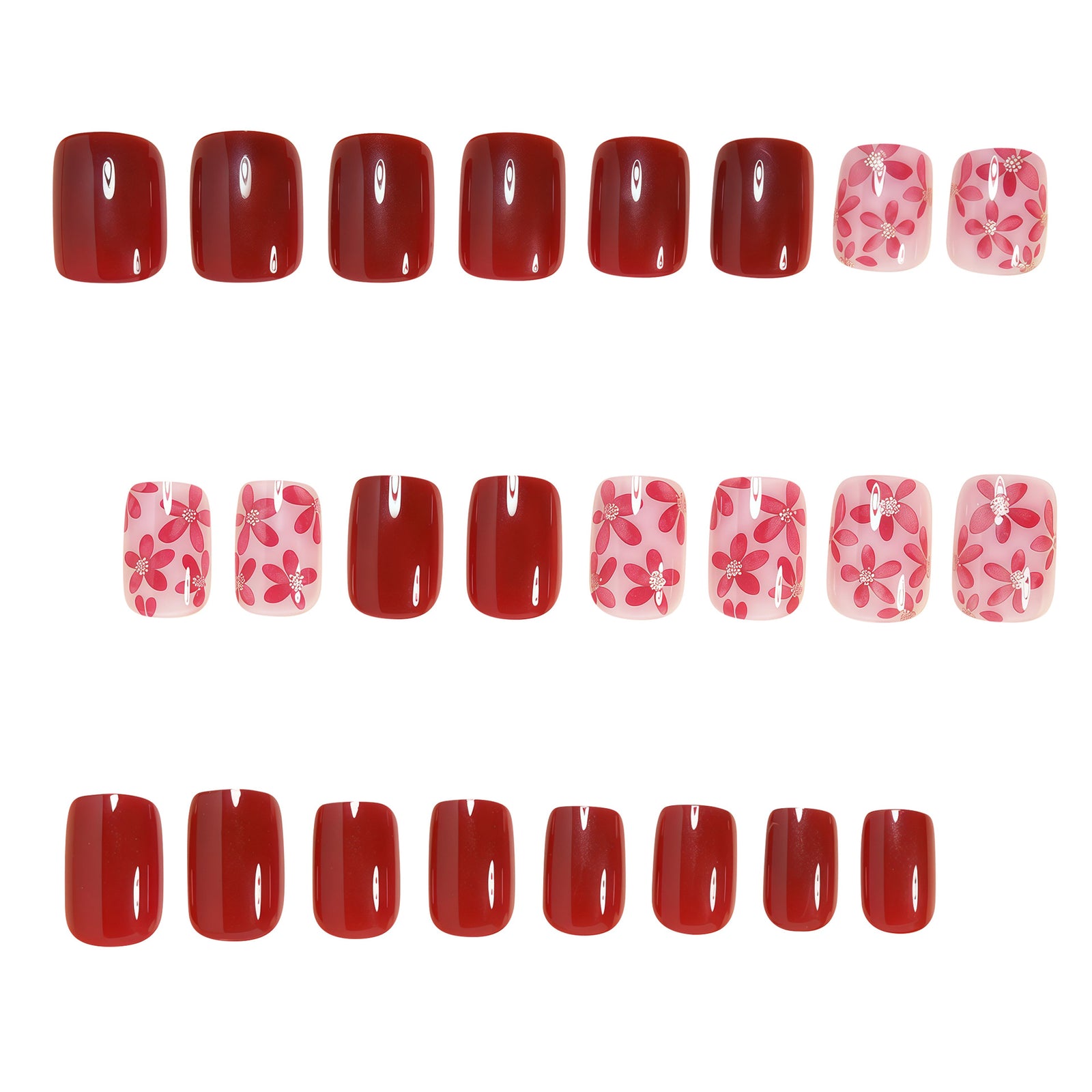 24pcs/Set Burgundy Floral Press-On Nails