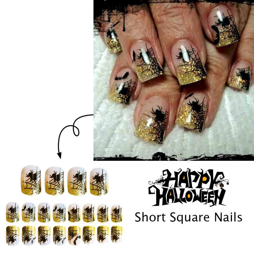 24pcs/Set Black & Gold Spider Web Press On Nails