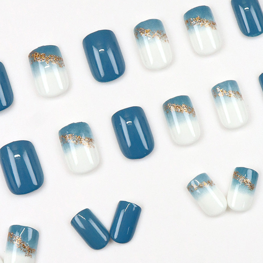 24pcs/Set Blue Gradient with Golden Sparkle Press On Nails
