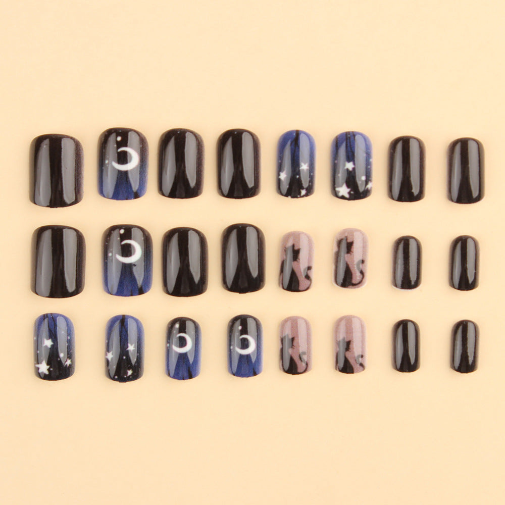 24pcs/Set Moon & Star Black Cat Press-On Nails