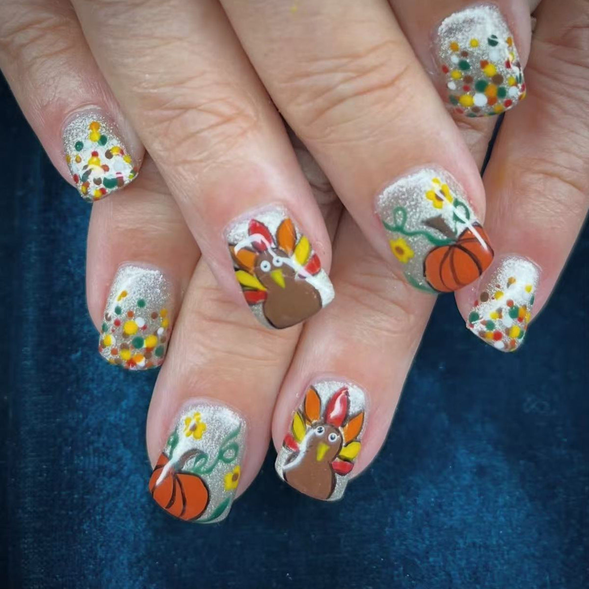 24pcs/Set Turkey Pumpkin Polka Dots Press On Nails