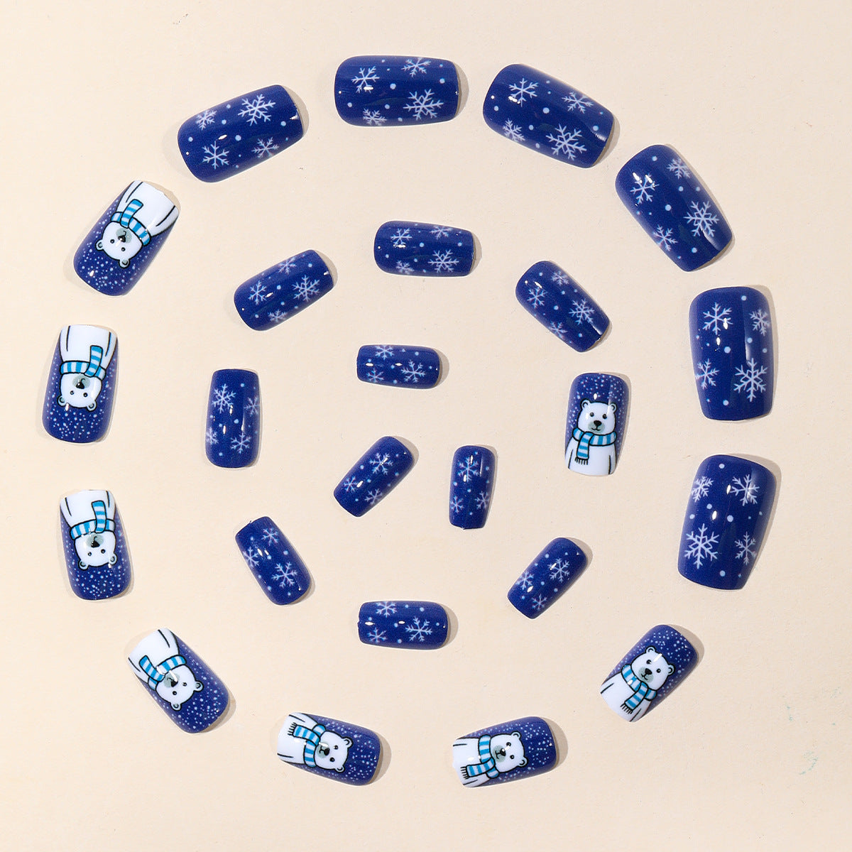 24pcs/Set Blue Snowflake Cartoon Bear with Scarf Press-On Nails
