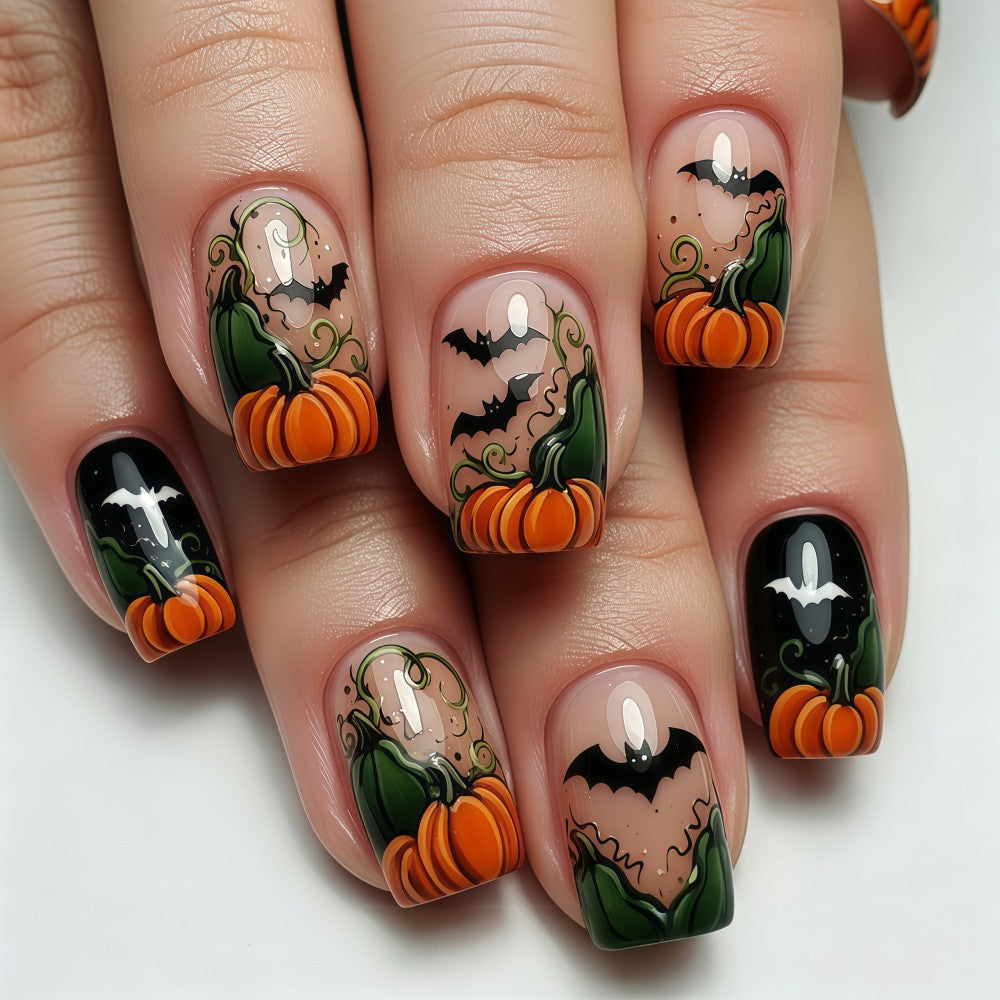 24pcs/Set Pumpkin Vines & Black Bats Press On Nails
