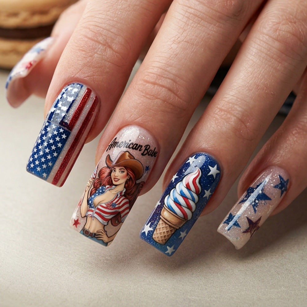24pcs/Set Denim Girl with Stars and Stripes Press-On Nails