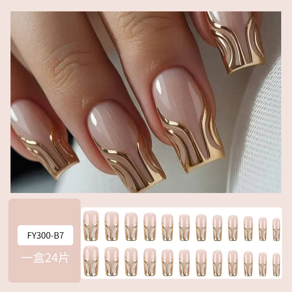 24pcs/Set 3D Gold Line Design Press-On Nails