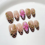 (Handmade) 10pcs/Set Leopard Print French Tips with 3D Flowers Press-On Nails