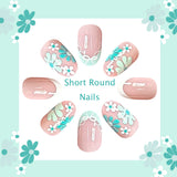 24pcs/Set Blue & White French Tip with Floral Rings Press On Nails