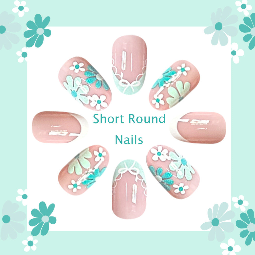 24pcs/Set Blue & White French Tip with Floral Rings Press On Nails