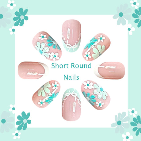 24pcs/Set Blue & White French Tip with Floral Rings Press On Nails