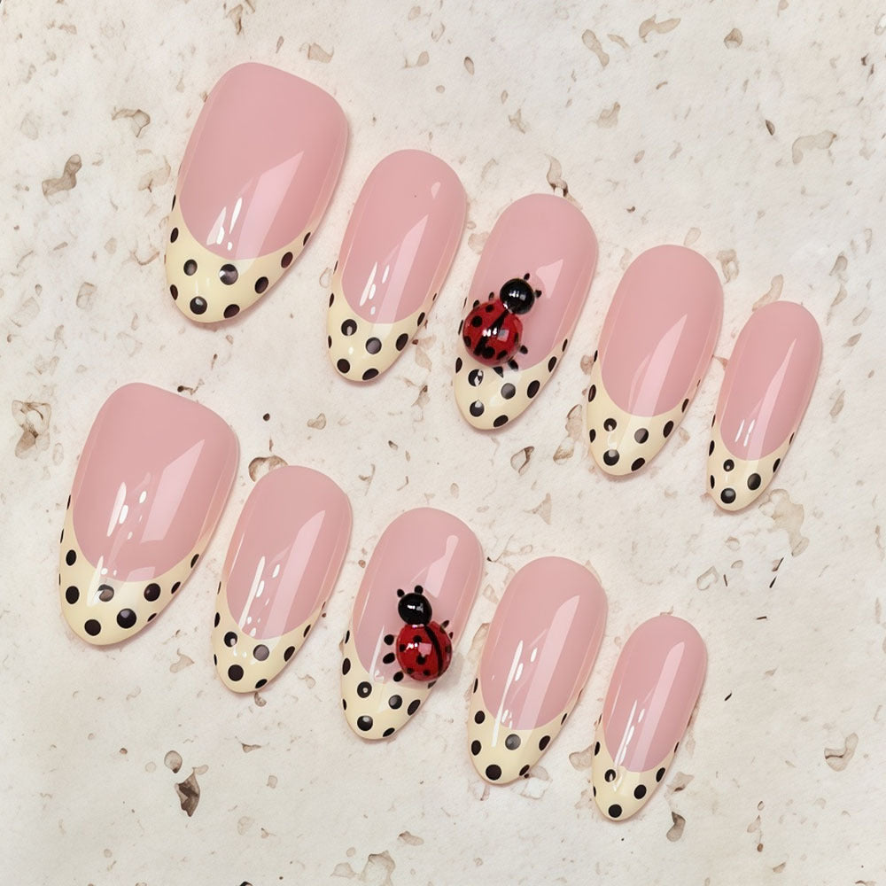 (Handmade) 10pcs/Set Yellow French Polka Dot Ladybug Press-On Nails