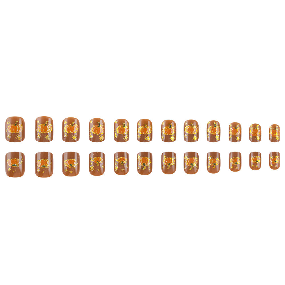 24pcs/Set Caramel Brown & Gold Pumpkin Press On Nails