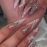 24pcs/Set 3D Floral Colorful Rhinestones Press On Nails