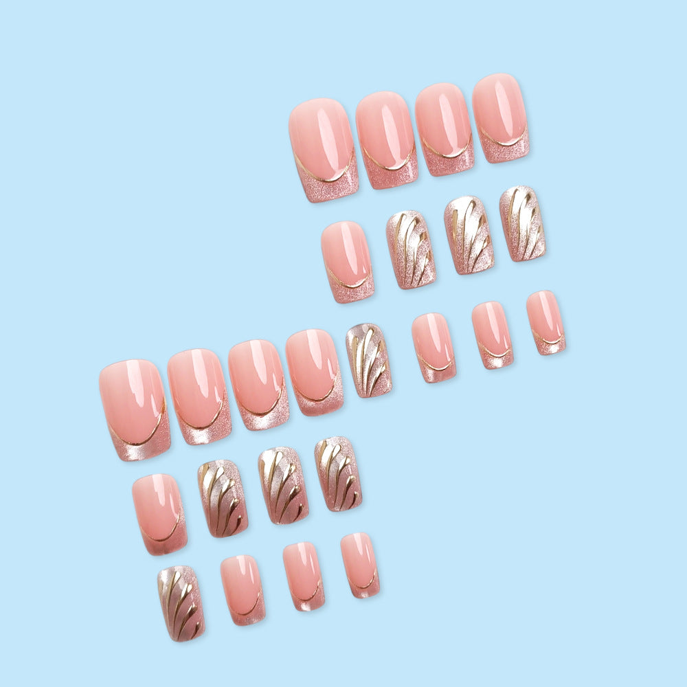 24pcs/Set French Cat Eye Gold Foil Press-On Nails